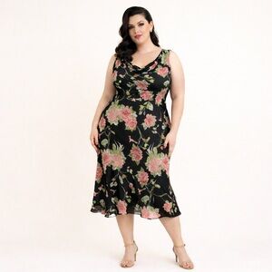 Vintage Y2K Dark Floral Midi Dress Romantic Cowl Neck Ruffle Lettuce Hem Sz 22W